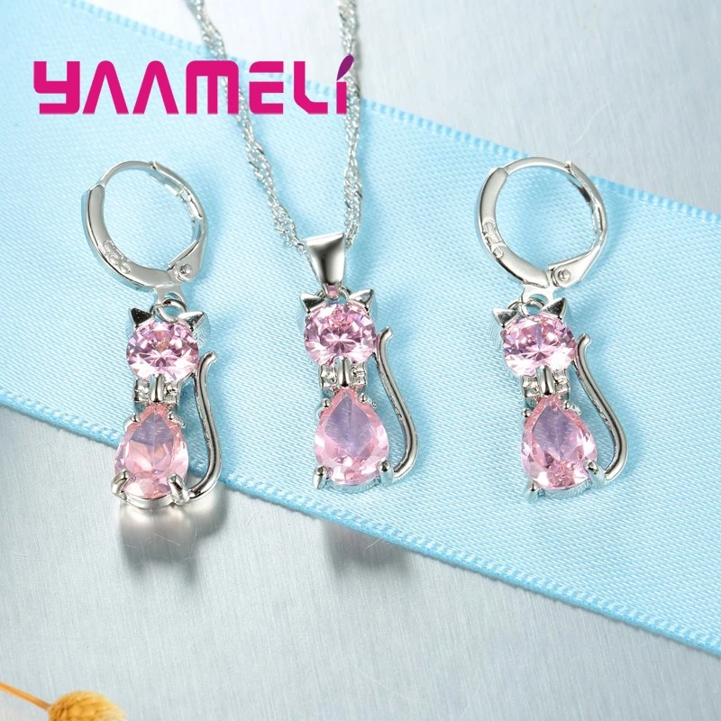 Real 925 Sterling Silver Color Jewelry Sets for Woman Girls Shining Austrian Crystal Cute Cat Pendant Necklace Huggie Earring - Image 6