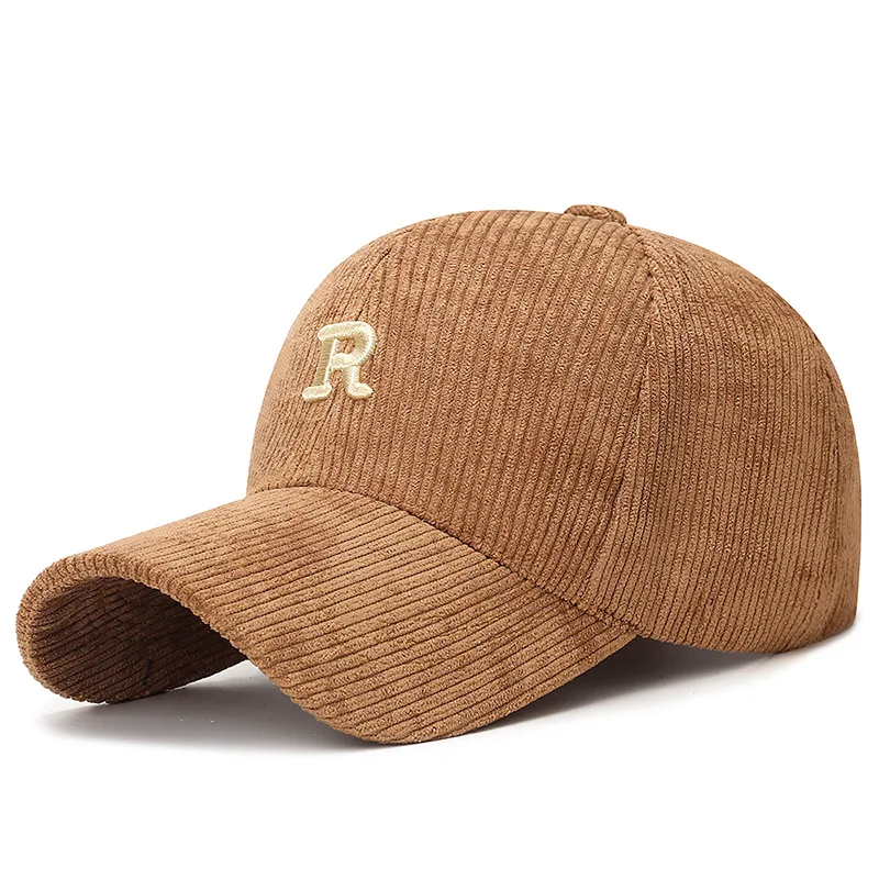 Corduroy Baseball Cap with 3D Embroidered 'R' Letter Solid Color Adjustable Structured Hat Stylish Fall and Winter Accessory - Image 5