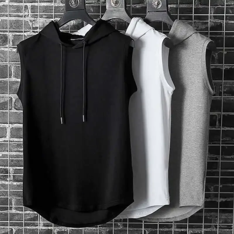 Men Tie Collar Hooded Sleeveless Vests Male Summer Loose Solid Hip Hop Tee Shirt Tops