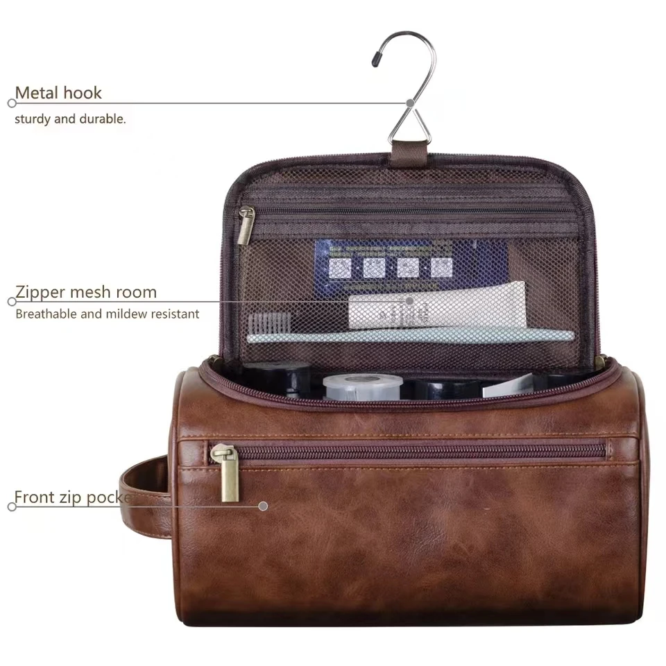 Leather Toiletry Bag for Men Women Dopp Kit Mens Hanging Toiletry Bag Travel Toiletry Bag for Traveling Large Cosmetic Bag for T - Image 3