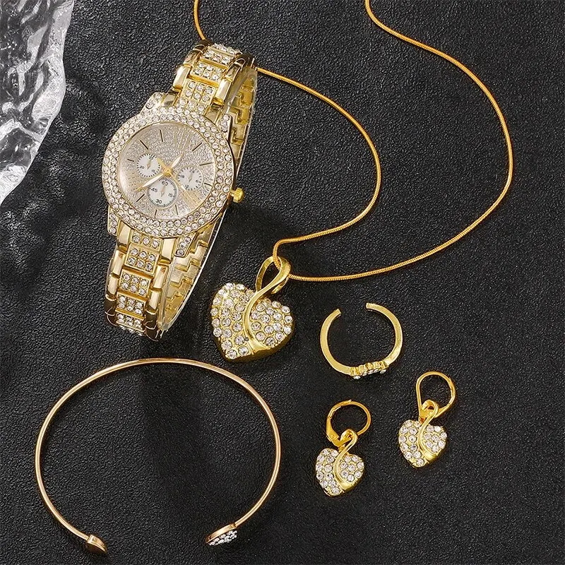 Women's Quartz Watch Gold Luxury Women Ring Necklace Earring Rhinestone Fashion Wristwatch Casual Ladies Watches Jewelry Set - Image 2