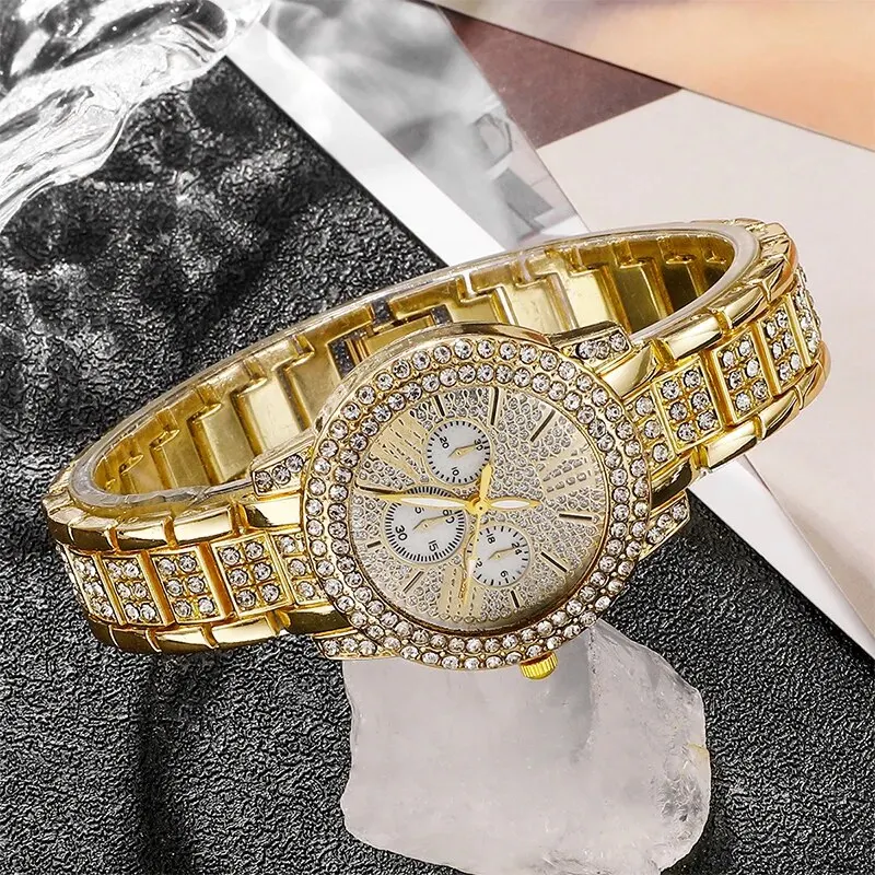 Women's Quartz Watch Gold Luxury Women Ring Necklace Earring Rhinestone Fashion Wristwatch Casual Ladies Watches Jewelry Set - Image 6