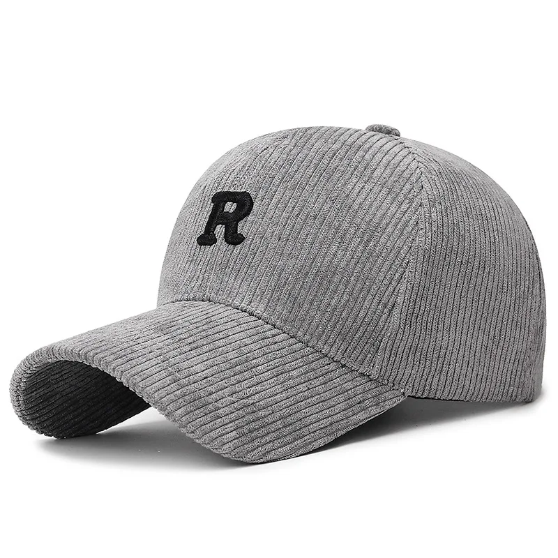 Corduroy Baseball Cap with 3D Embroidered 'R' Letter Solid Color Adjustable Structured Hat Stylish Fall and Winter Accessory