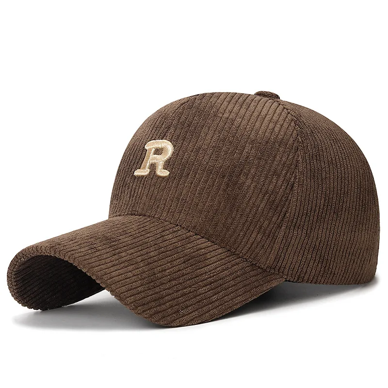 Corduroy Baseball Cap with 3D Embroidered 'R' Letter Solid Color Adjustable Structured Hat Stylish Fall and Winter Accessory - Image 6