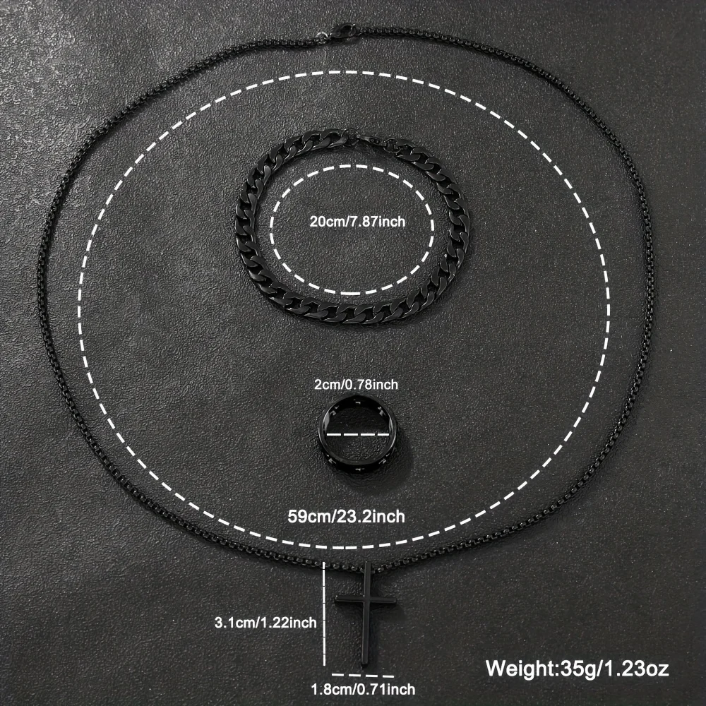 Men's 3pcs Fashion Alloy Jewelry Set - Cross Pendant Necklace, Bracelet & Ring Combo - Image 5