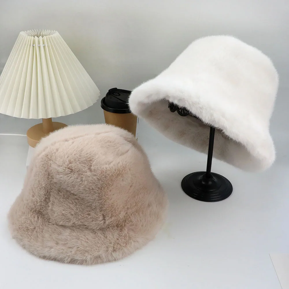 Fluffy Fur Fisherman Hat For Women Winter Plush Ear Protection Cap Windproof Warm Female Panama Caps Solid Fashion Bucket Hat - Image 3