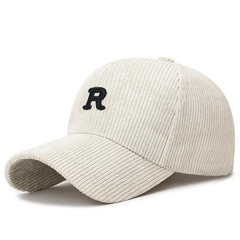 Corduroy Baseball Cap with 3D Embroidered 'R' Letter Solid Color Adjustable Structured Hat Stylish Fall and Winter Accessory - Image 4