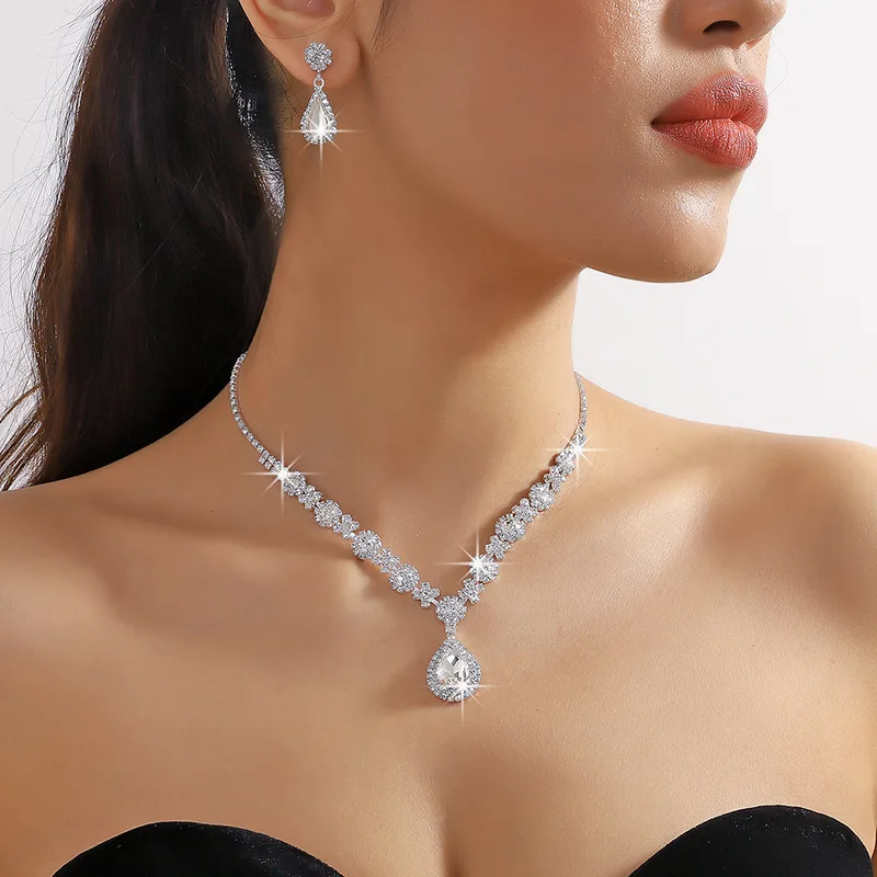 3 pieces of women's crystal droplet necklace with earrings set for wedding evening dress accessories - Image 3